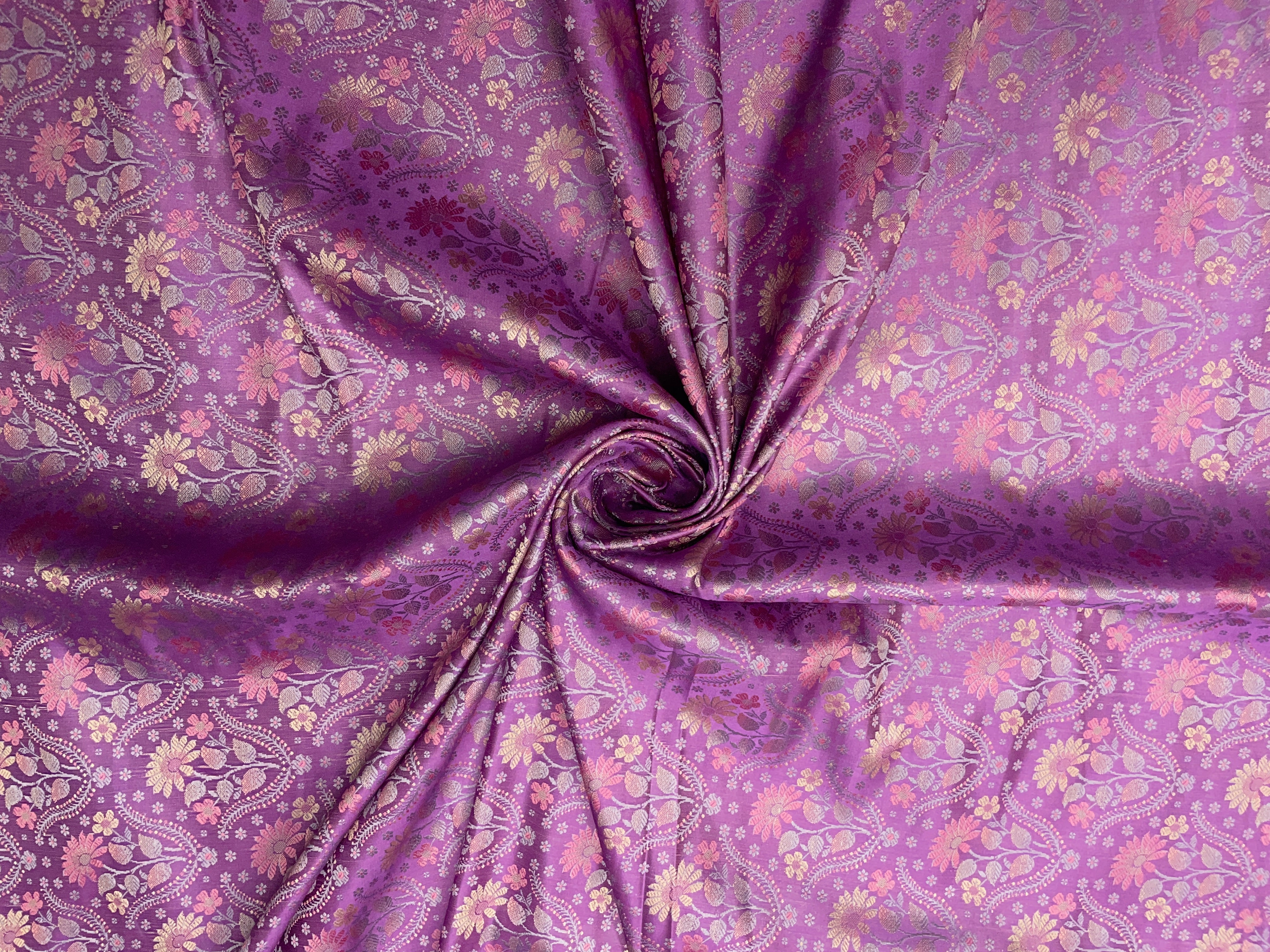 Light Purple Floral Resham Brocade Silk Fabric