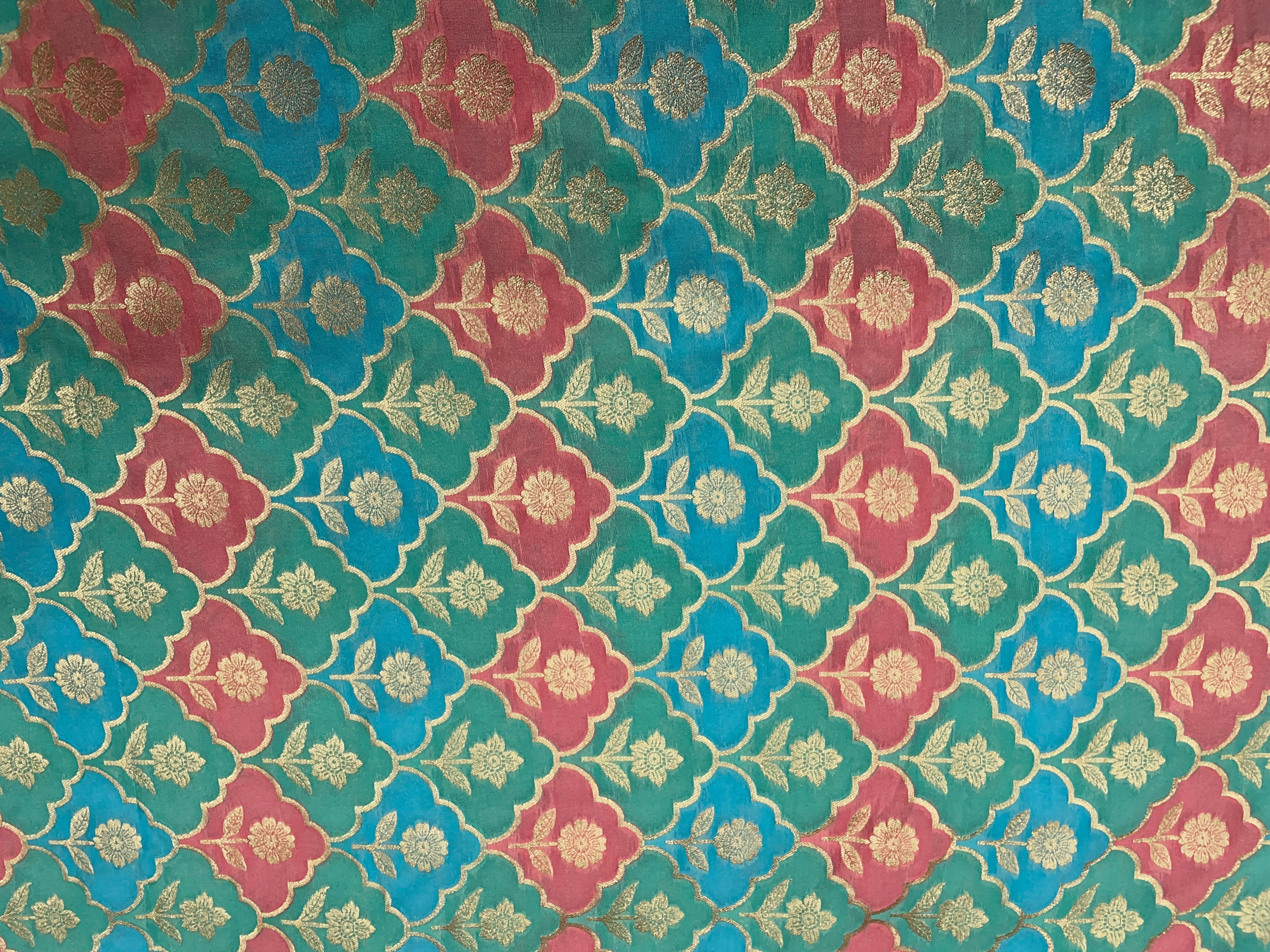 Sea Green Geometric Semi Soft Brocade Fabric