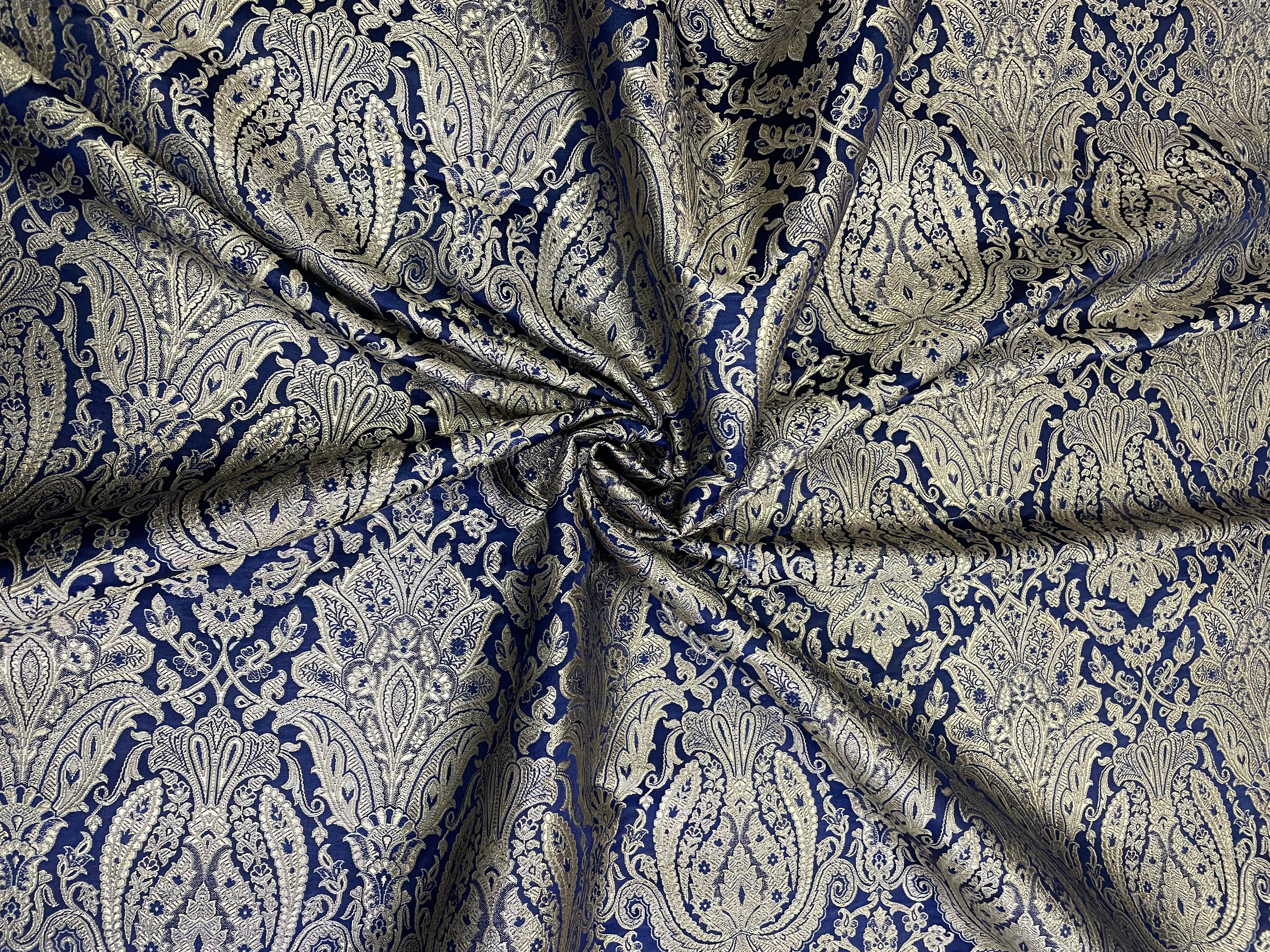 Navy Blue Floral Semi Brocade Fabric