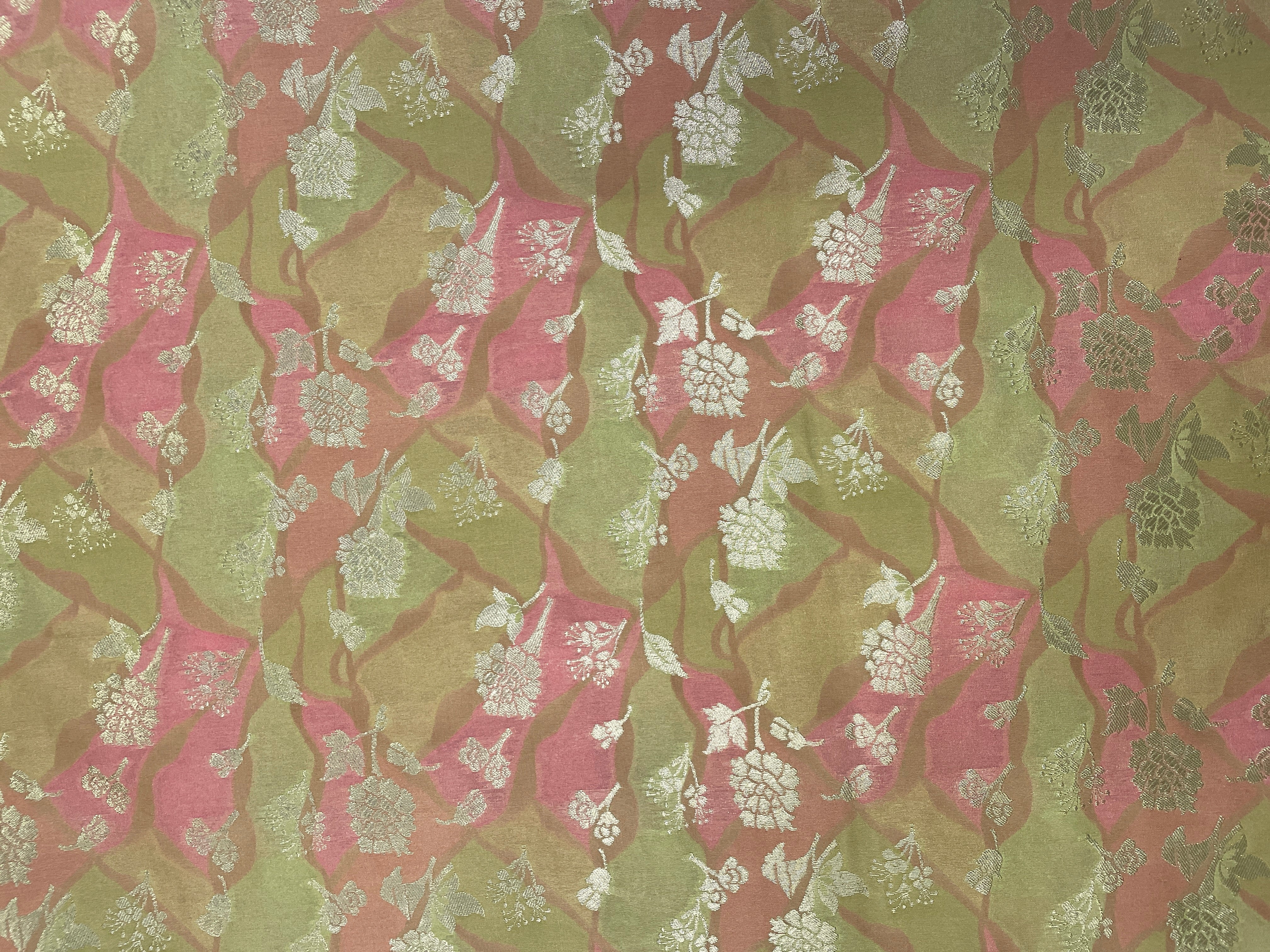 Yellow Pink Abstract Semi Brocade Fabric