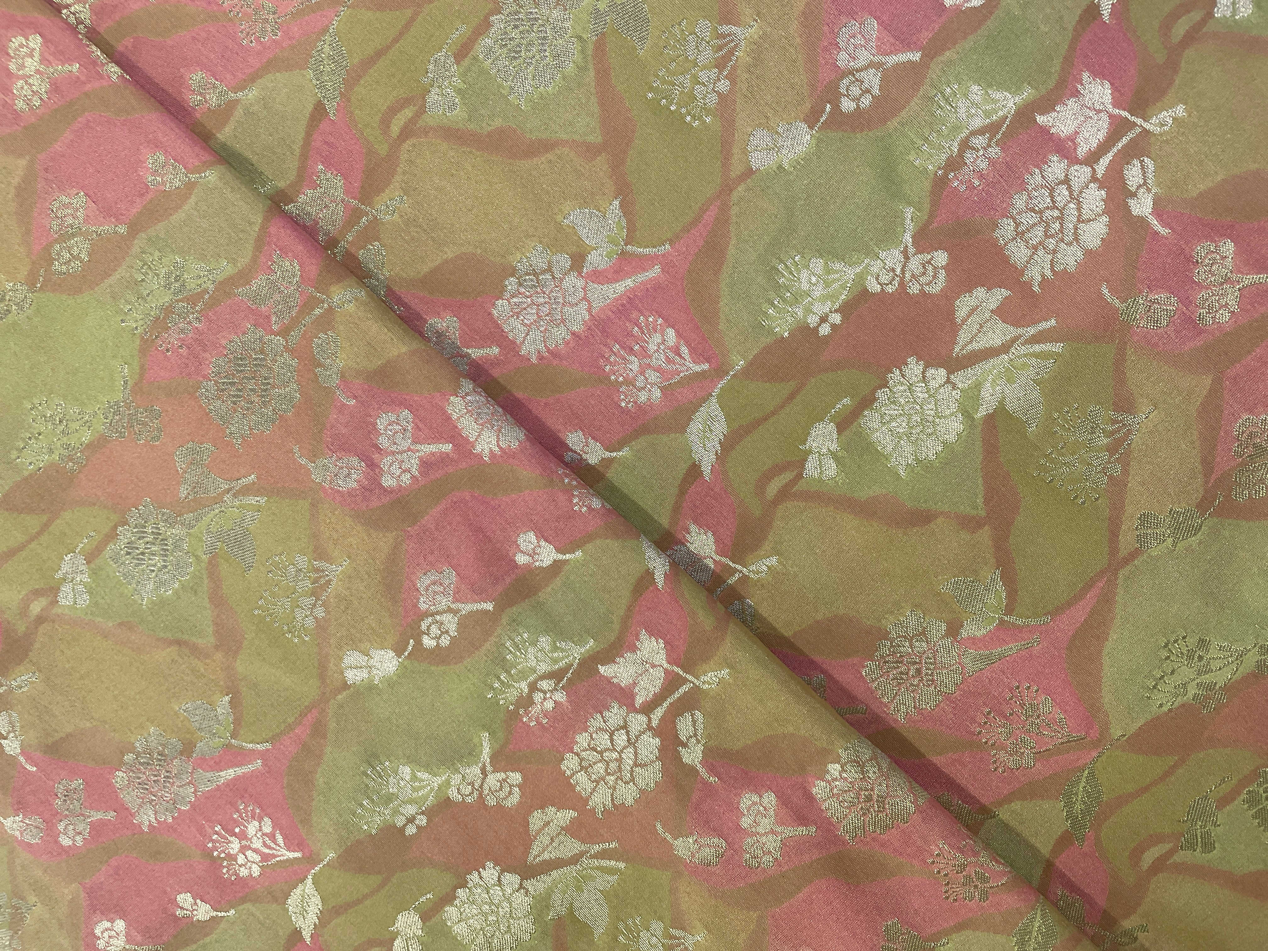 Yellow Pink Abstract Semi Brocade Fabric