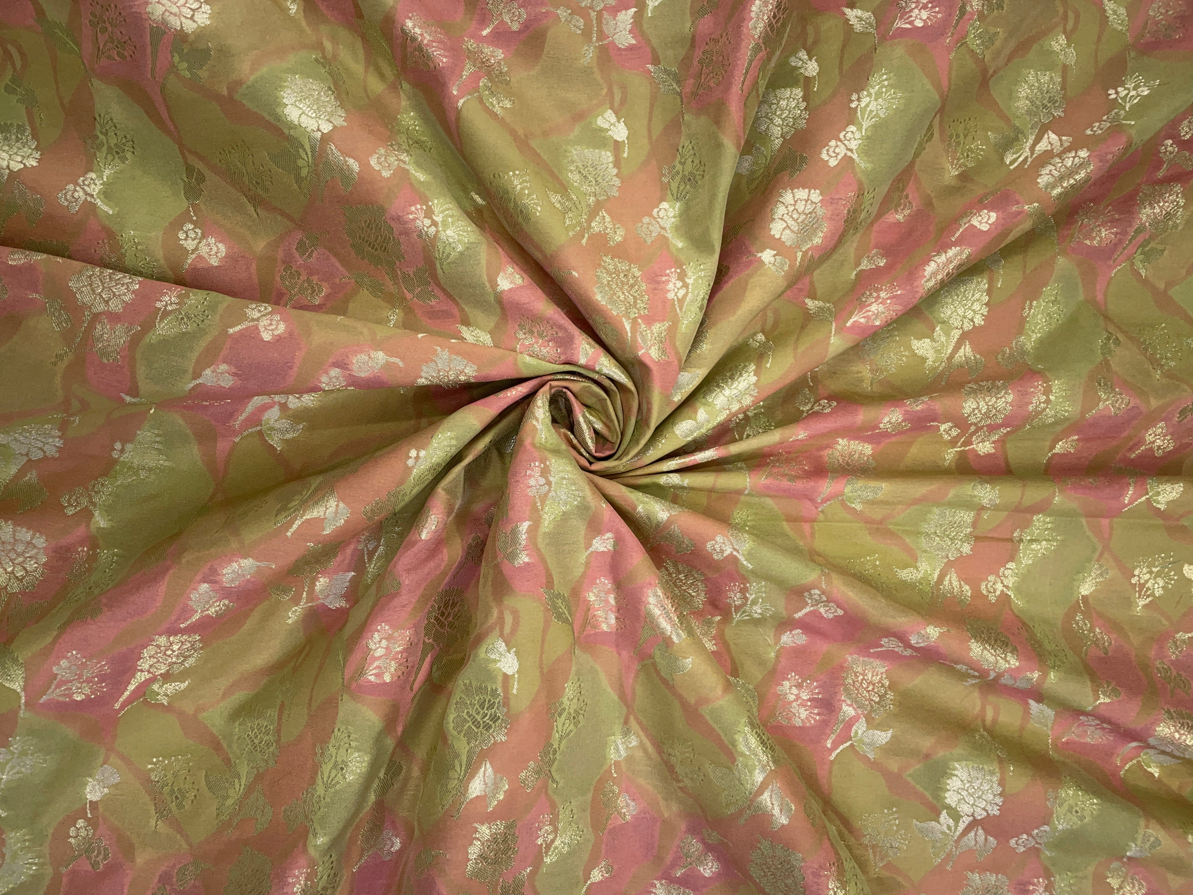 Yellow Pink Abstract Semi Brocade Fabric