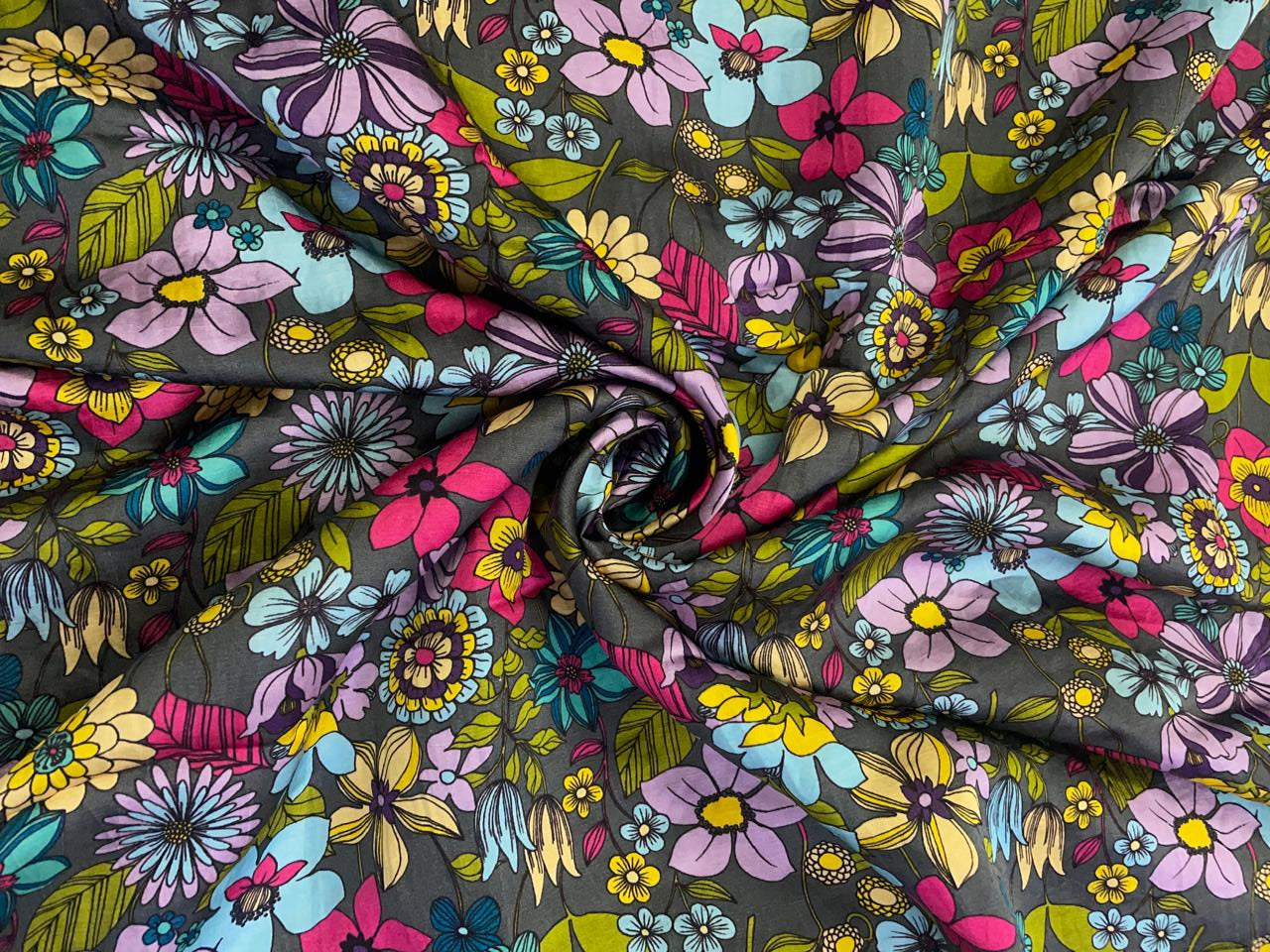 Multicolor Floral Linen Satin Fabric