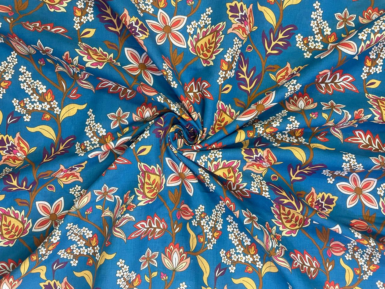 Royal Blue Floral Cotton Linen Fabric