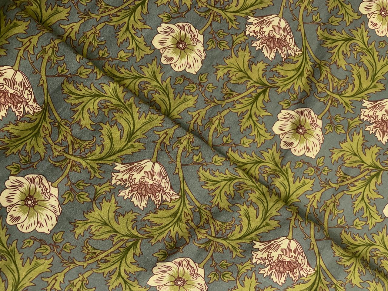 Grey & Green Floral Cotton Linen Fabric