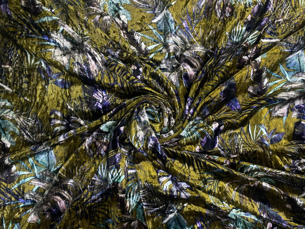 Olive Green Floral Velvet Print Fabric