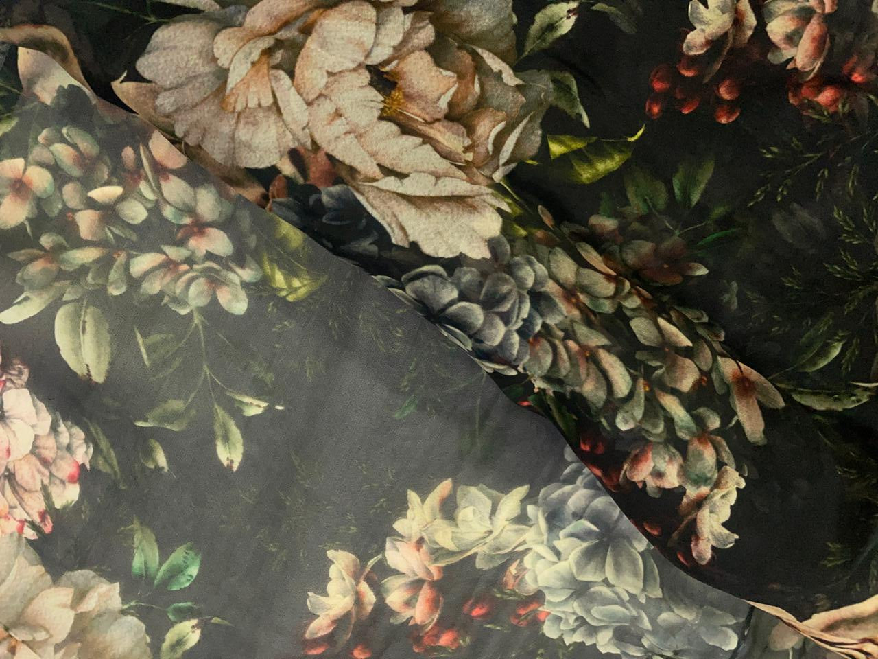 Black Floral Viscose Organza Fabric