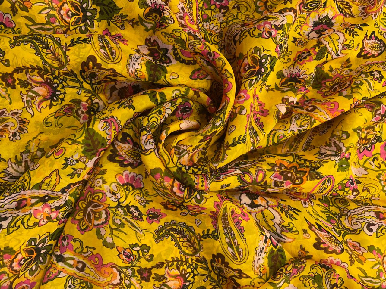 Yellow Floral Viscose Organza Fabric