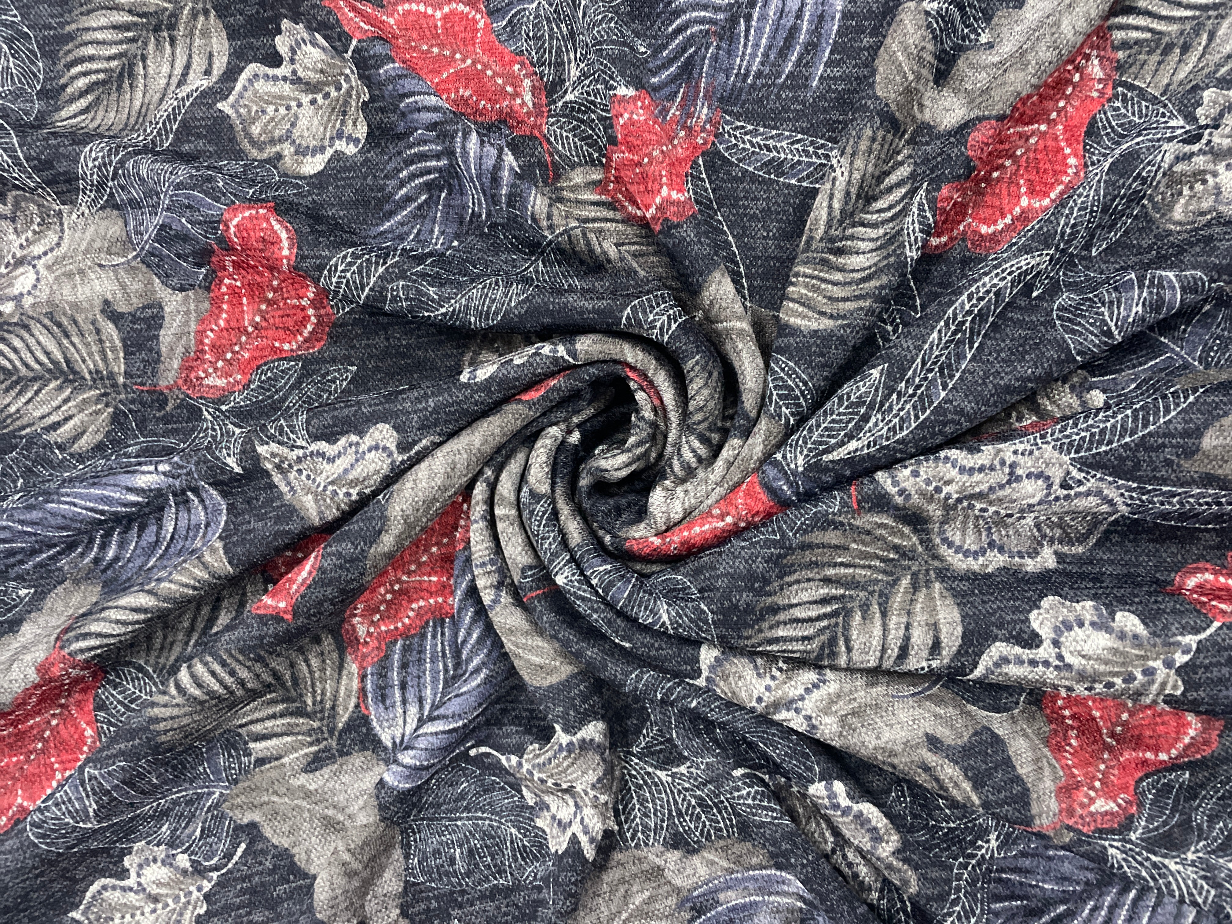 Navy Blue Red Floral Karachi Lycra Fabric