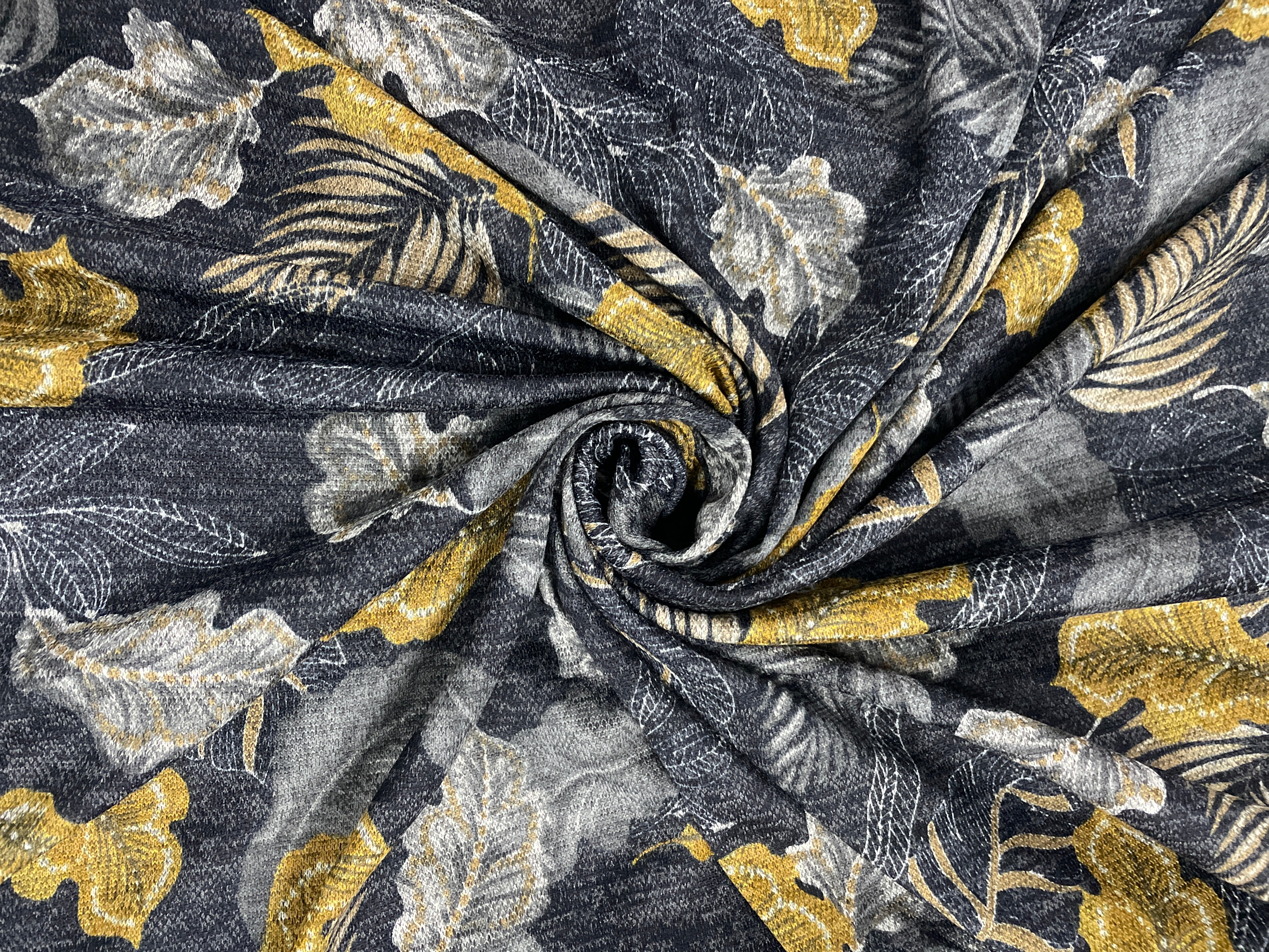 Navy Blue Mustard Floral Karachi Lycra Fabric