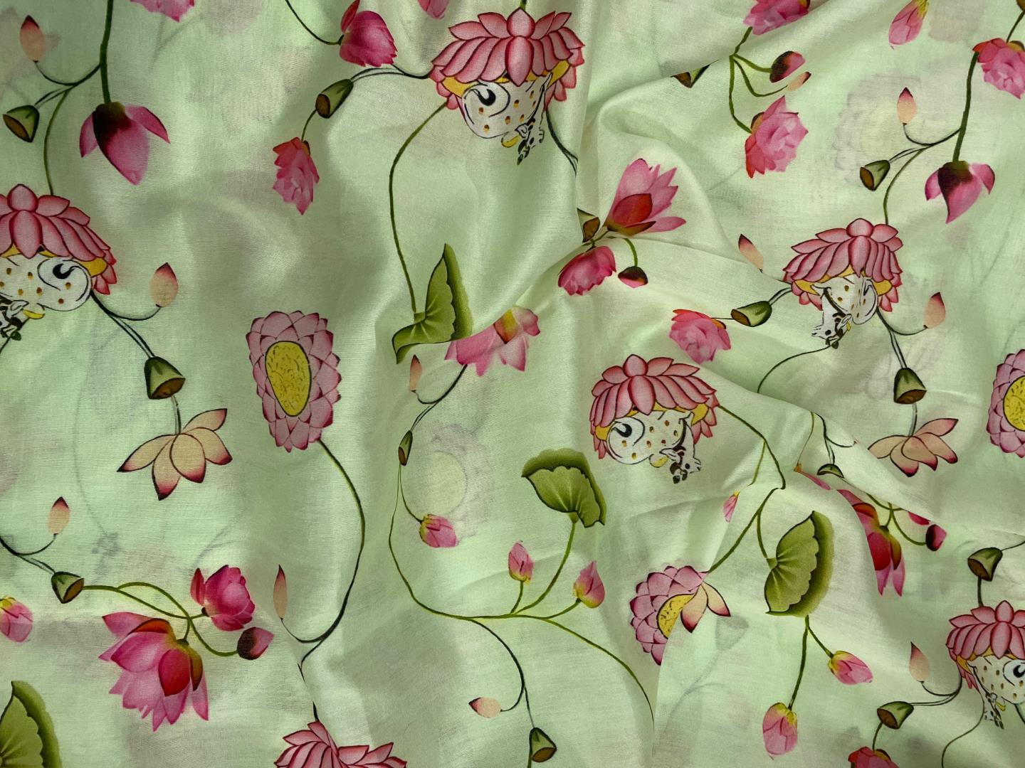 Light Mint Green Floral Pure Chanderi Fabric