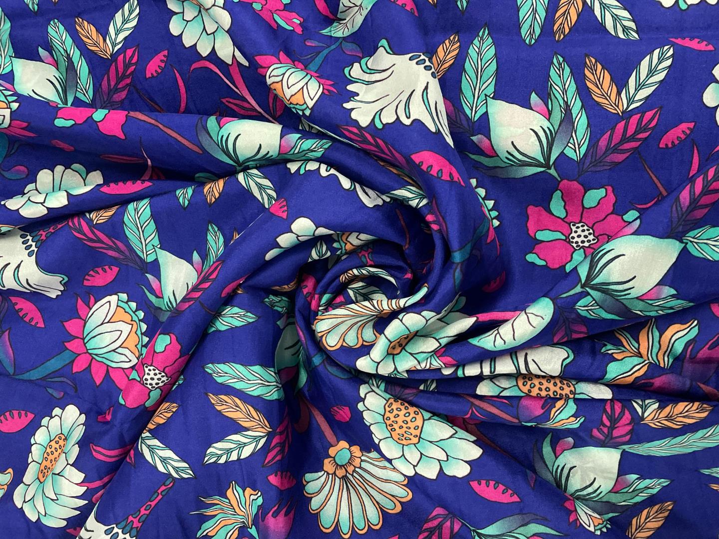 Blue Floral Upada Silk Fabric