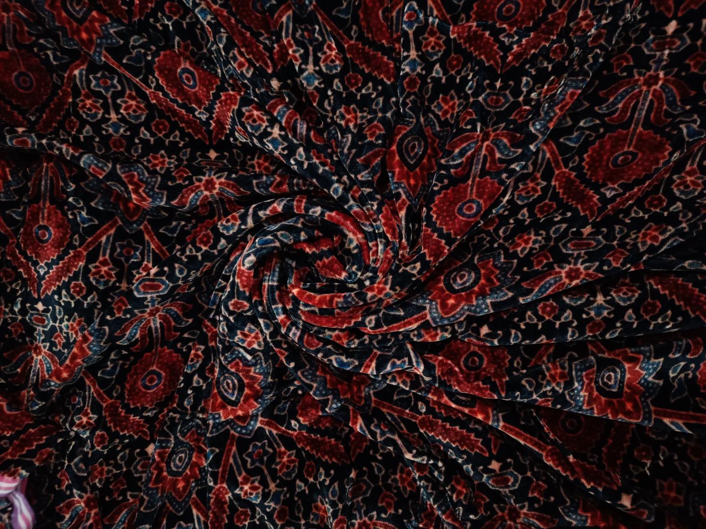 Navy Blue & Maroon Floral Pure Velvet Fabric