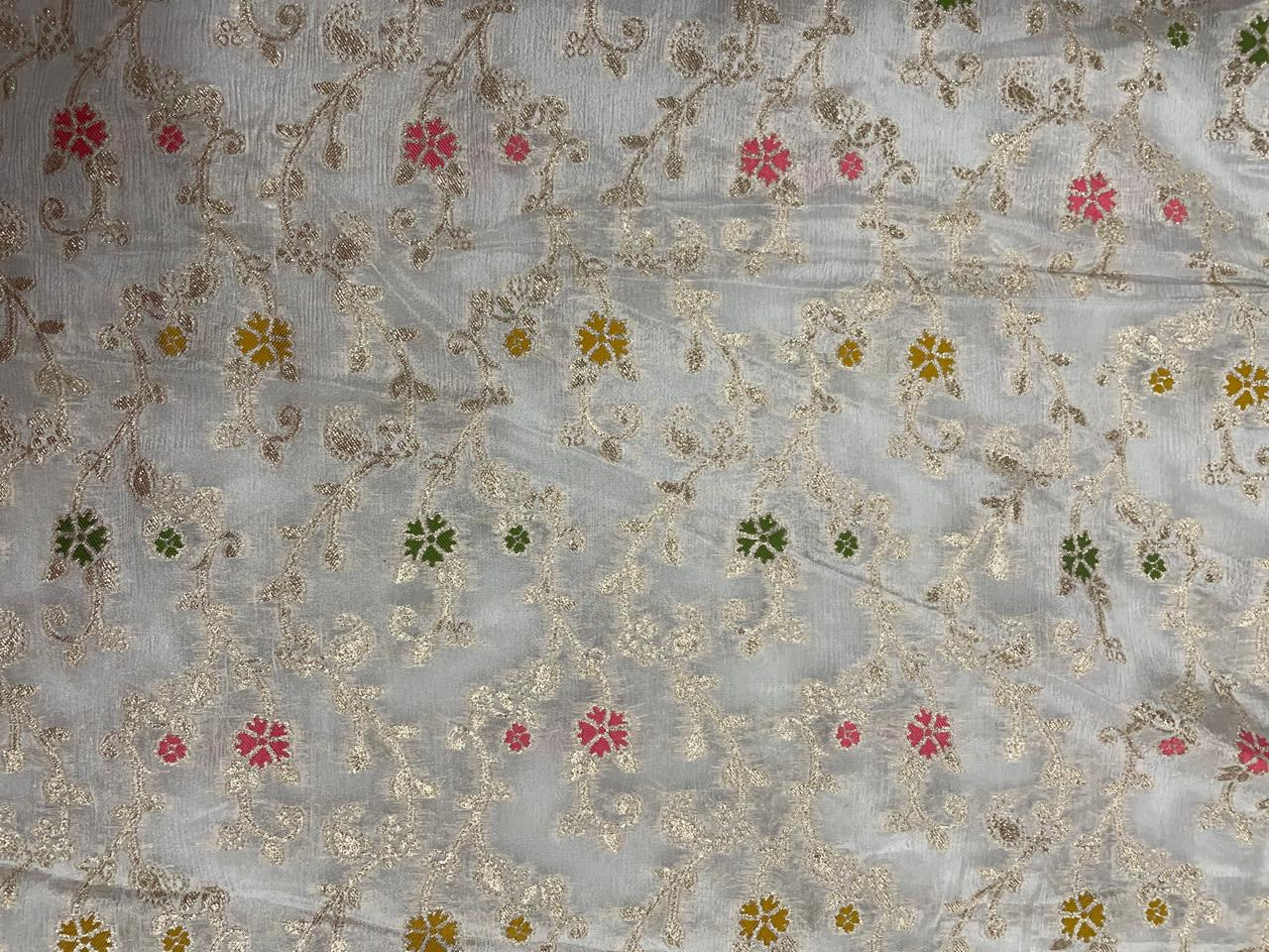 White Multicolor Floral Embroidered Chiffon Fabric