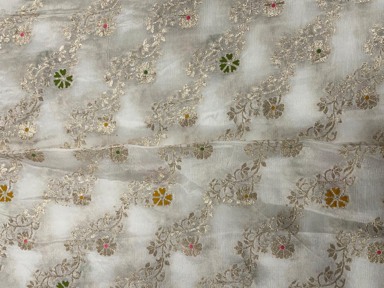 White Multicolor Floral Embroidered Chiffon Fabric