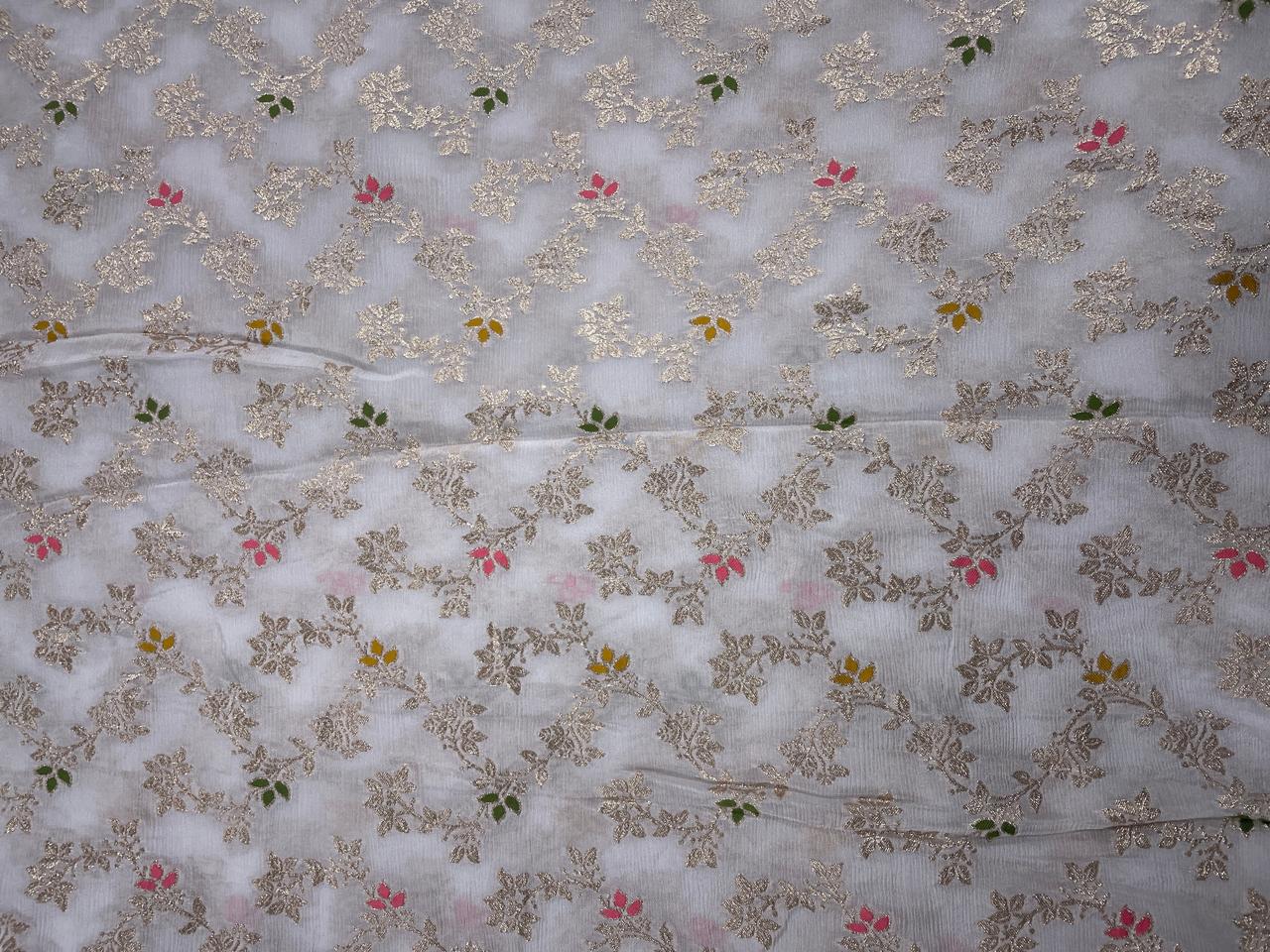 White Multicolor Floral Embroidered Chiffon Fabric