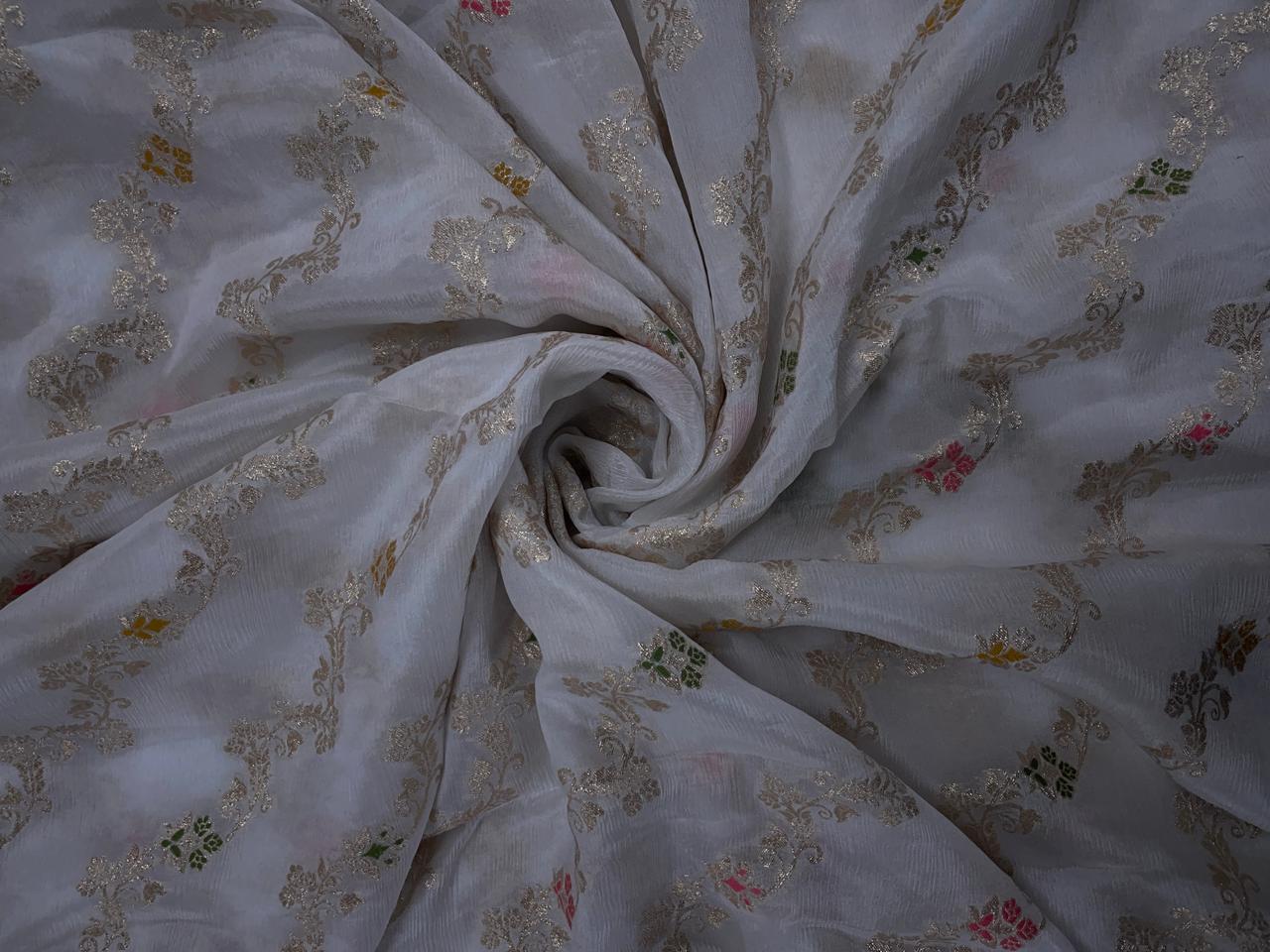 White Floral Embroidered Jacquard Chiffon Fabric