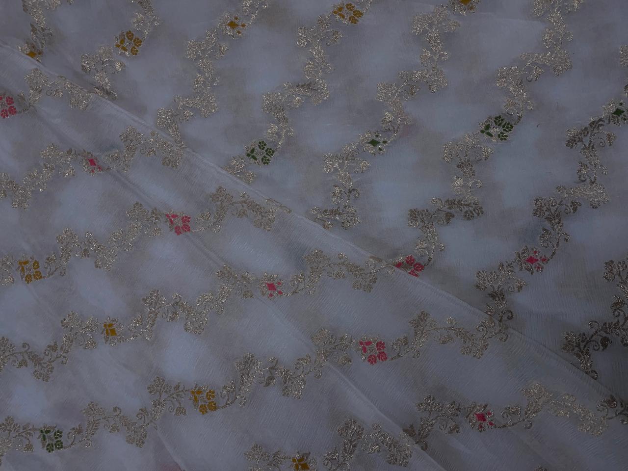 White Floral Embroidered Jacquard Chiffon Fabric