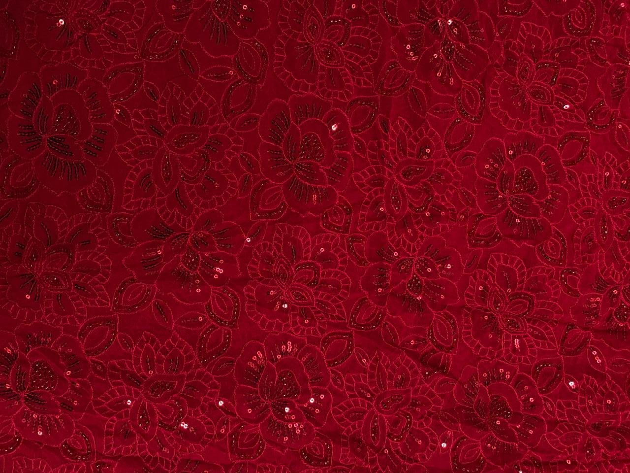 Red Floral Embroidered Georgette Fabric