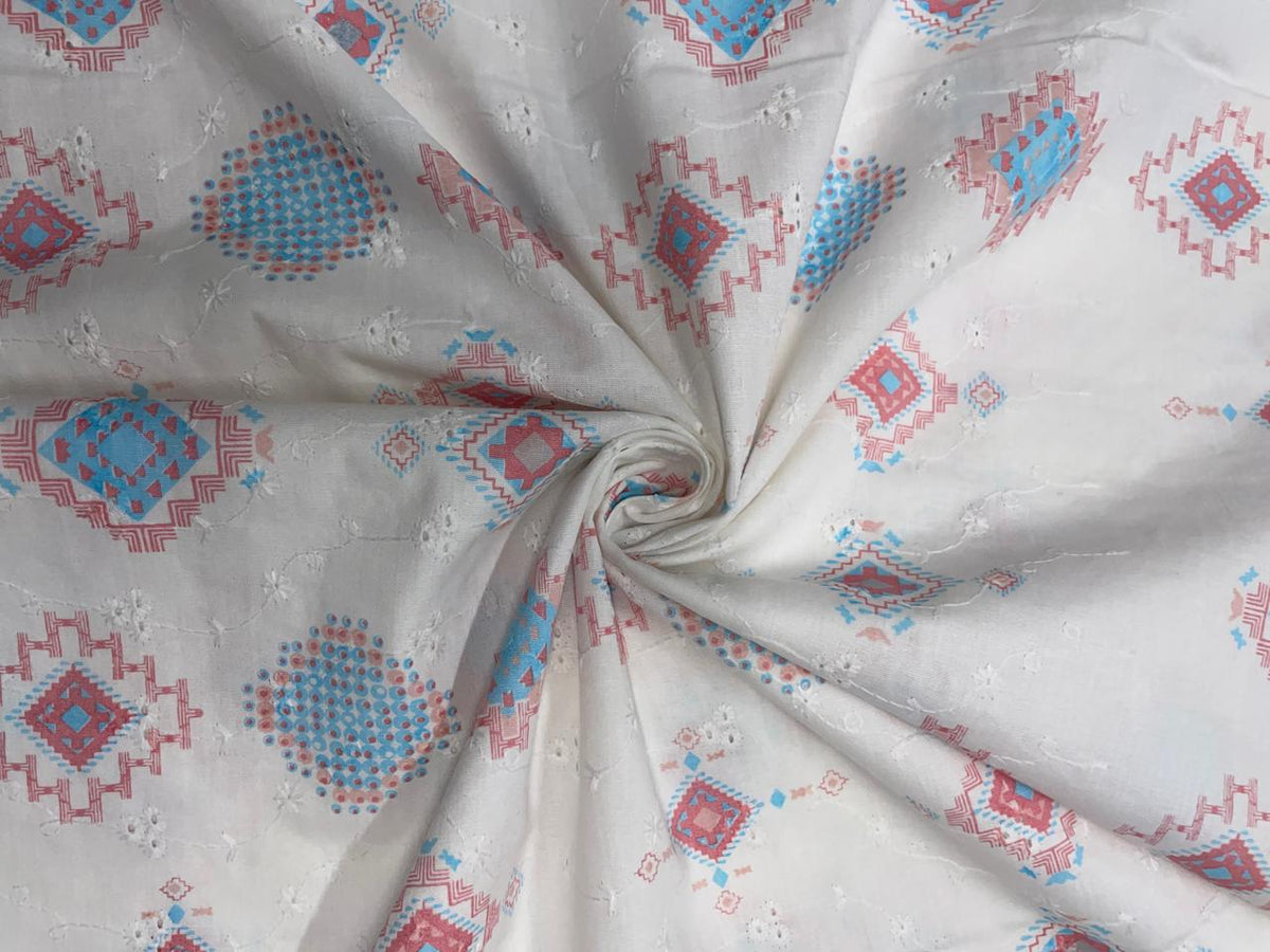 White & Peach Abstract Cotton Hakoba Chikan Fabric