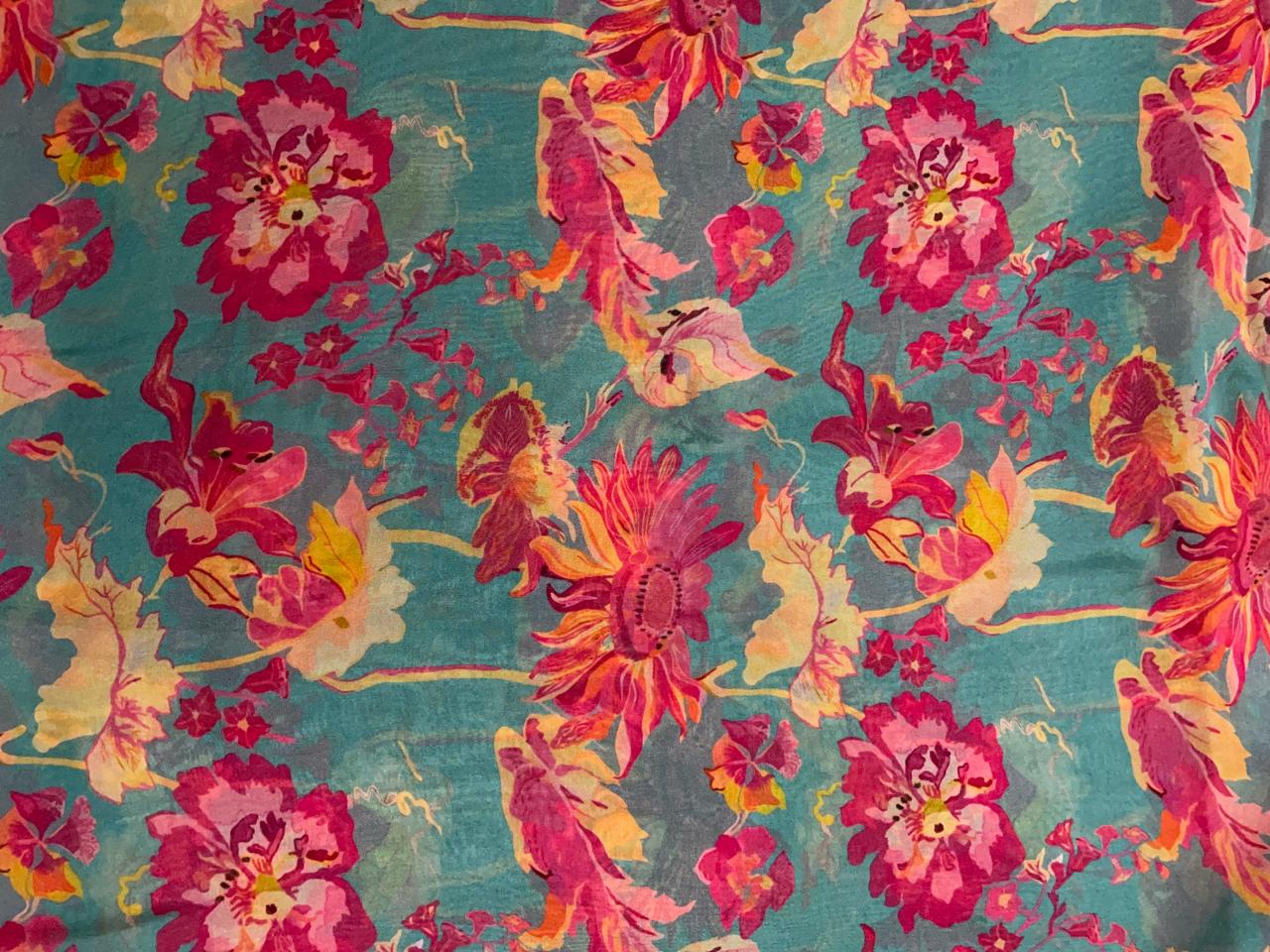 Grey & Magenta Floral Viscose Organza Fabric - Kapda Shop