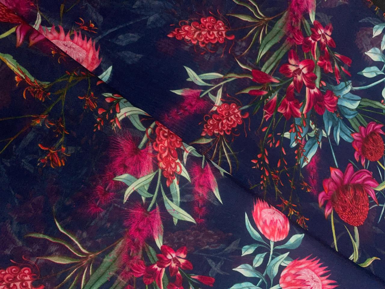 Navy Blue & Red Floral Viscose Organza Fabric - Kapda Shop