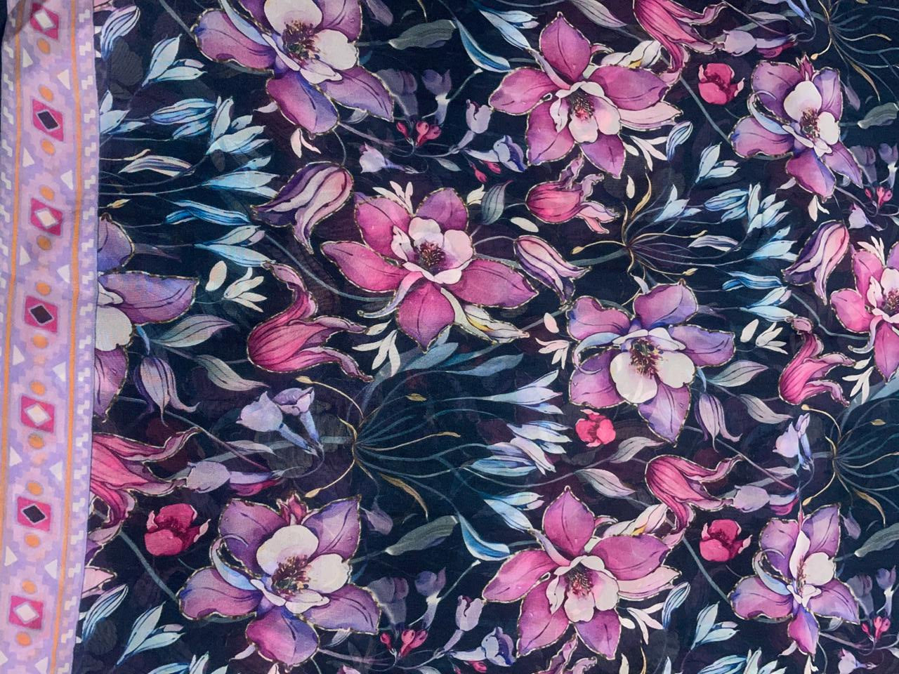 Navy Blue Floral Viscose Organza Fabric - Kapda Shop
