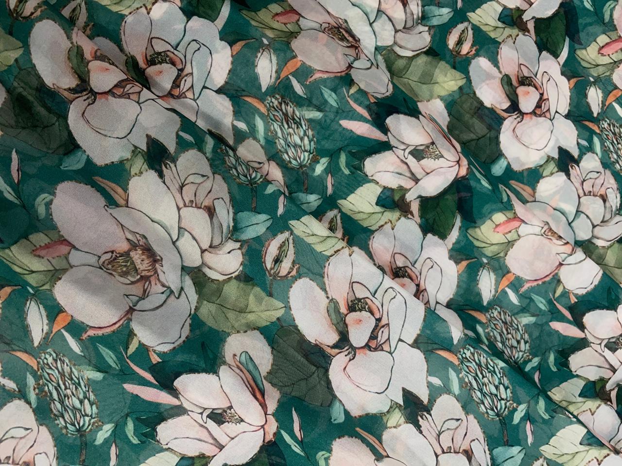 Rama Green & White Floral Viscose Organza Fabric - Kapda Shop