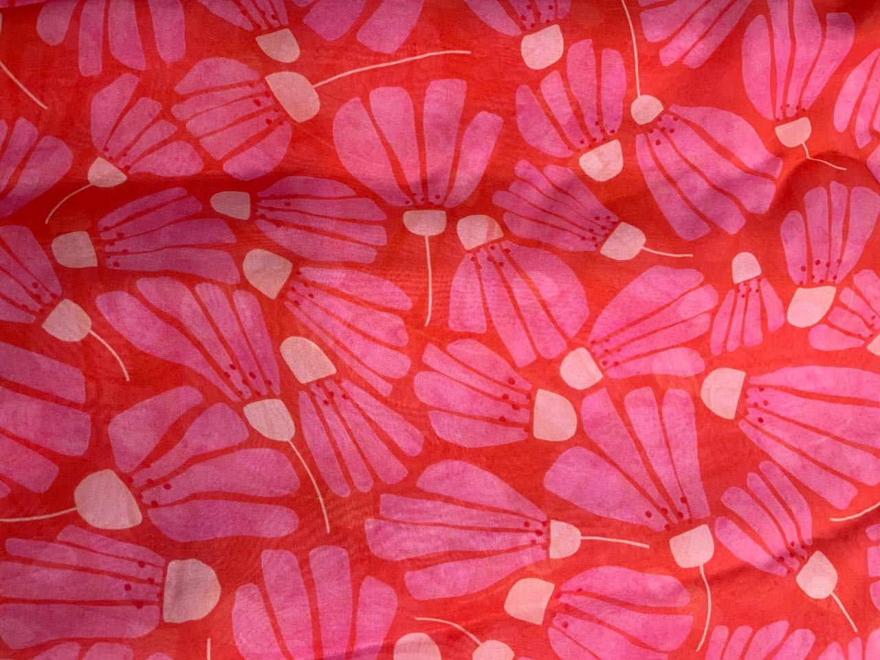 Orange & Pink Floral Viscose Organza Fabric - Kapda Shop