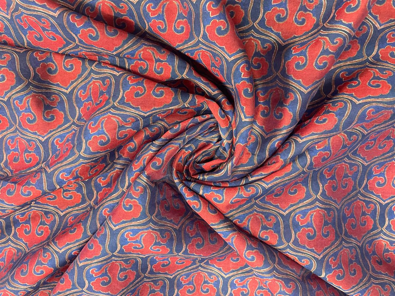Navy Blue Red Abstract Chandei Fabric - Kapda Shop