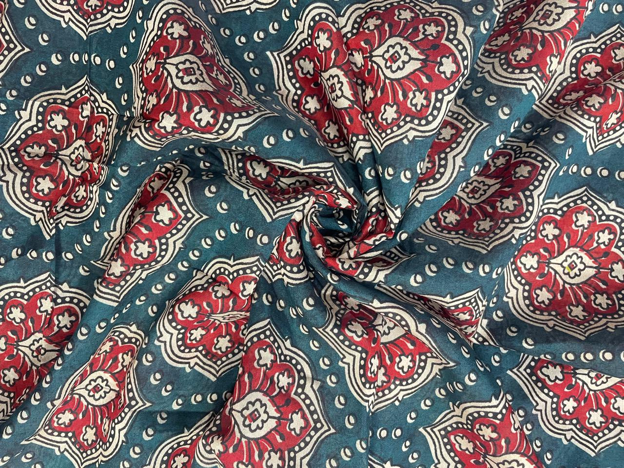 Rama Green Abstract Chandei Fabric - Kapda Shop