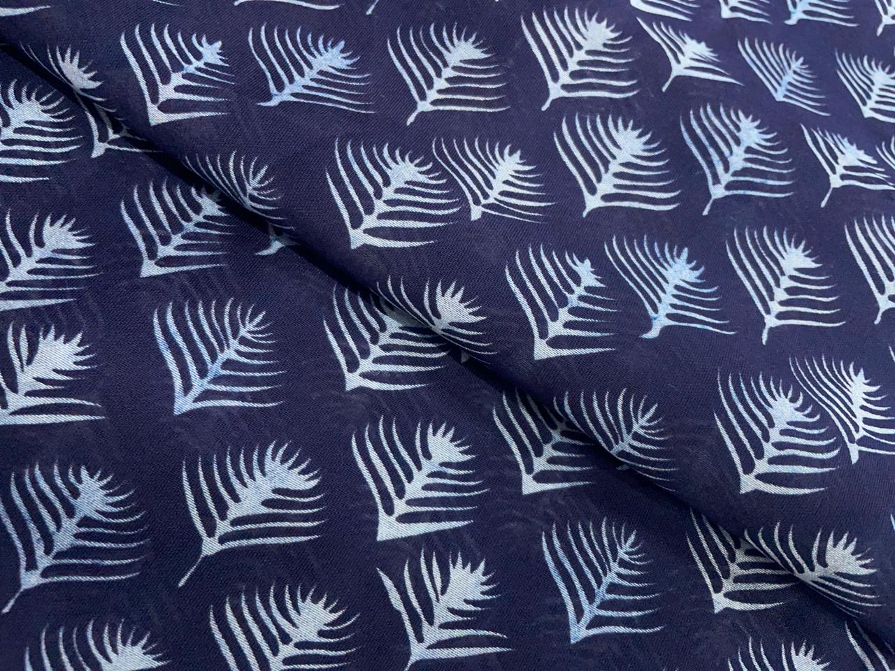 Navy Blue Leaves Chandei Fabric - Kapda Shop