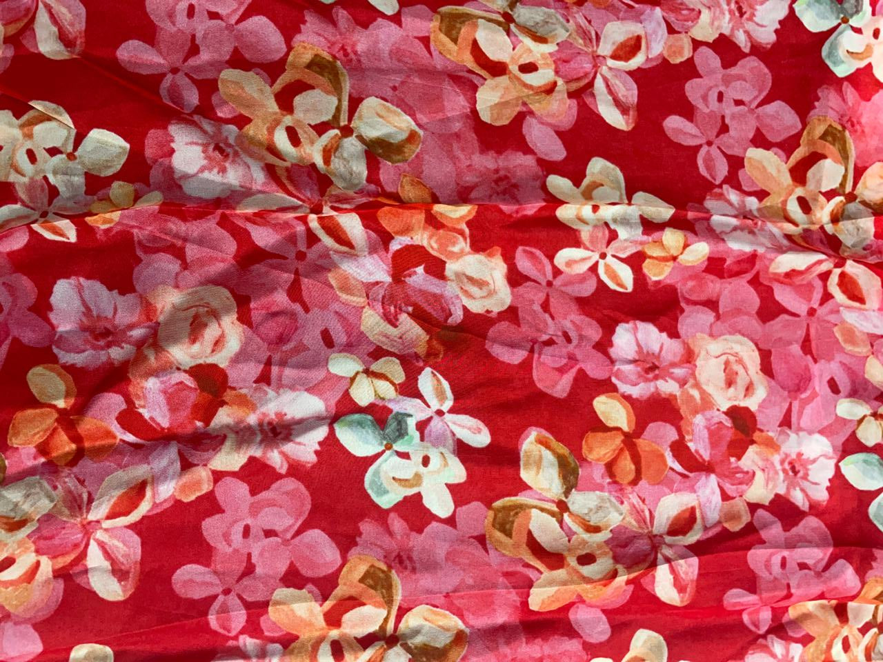 Red Floral Viscose Organza Fabric - Kapda Shop
