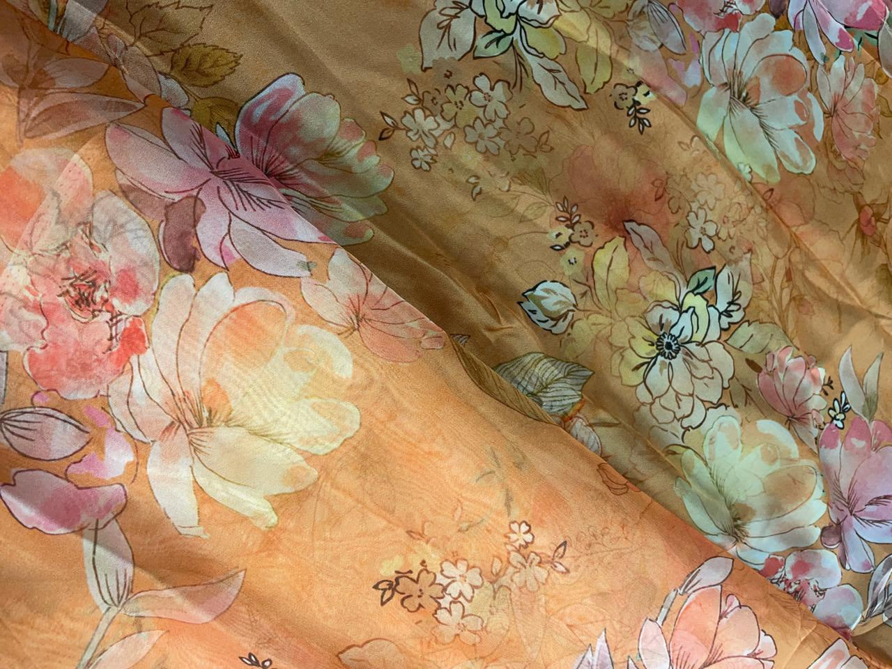 Orange Floral Viscose Organza Fabric - Kapda Shop
