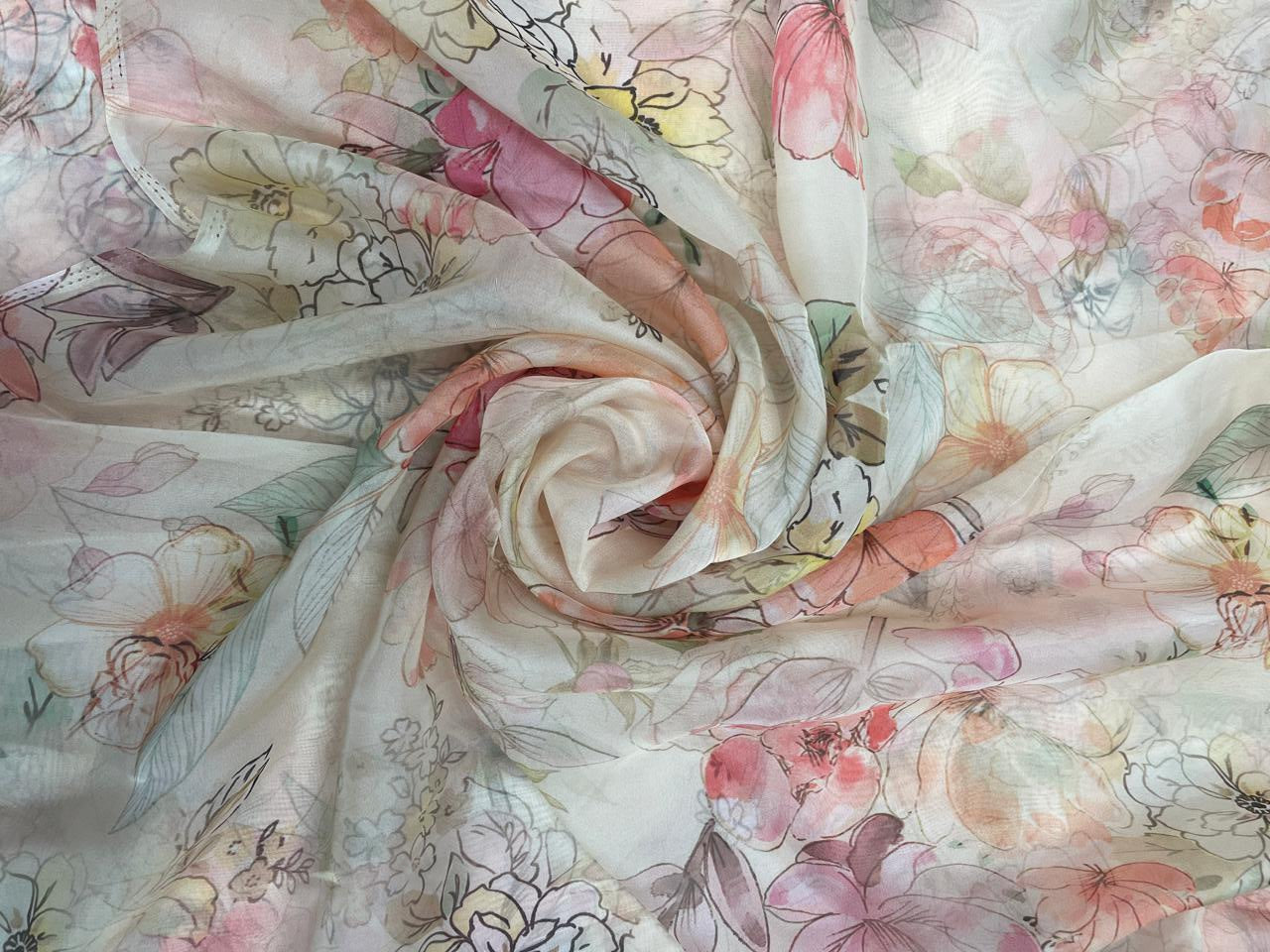 Peach Multicolor Floral Viscose Organza Fabric - Kapda Shop