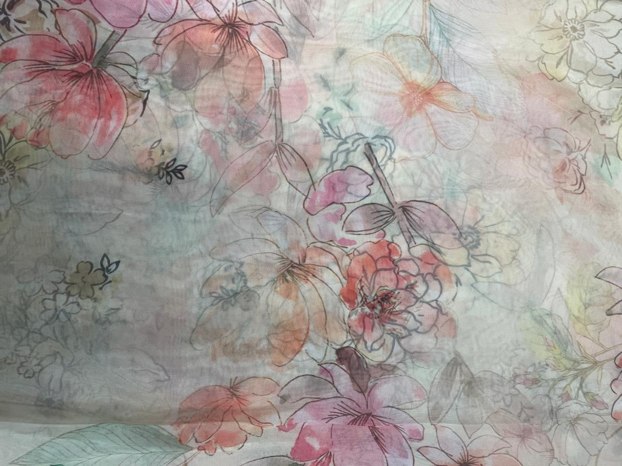 Peach Multicolor Floral Viscose Organza Fabric - Kapda Shop
