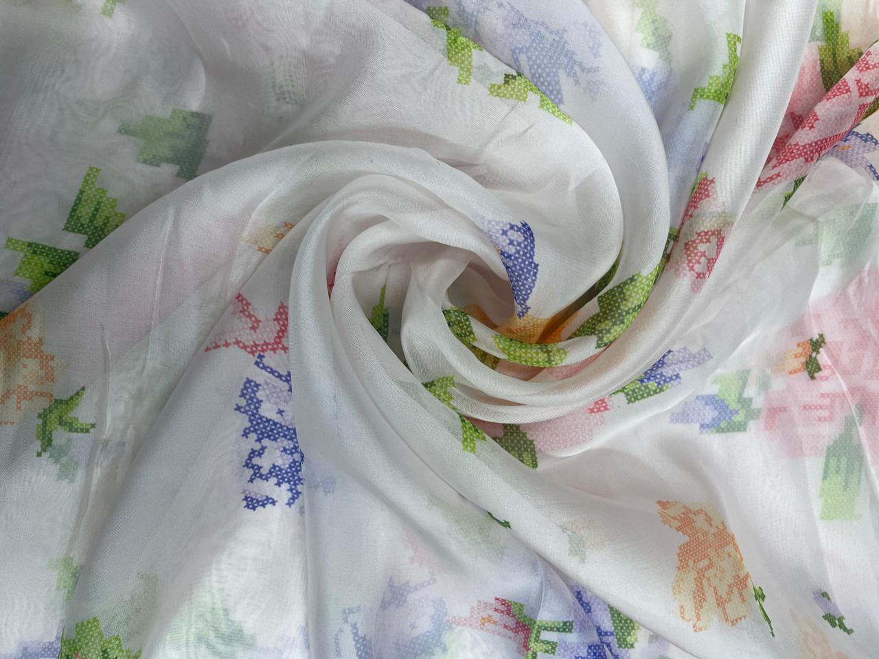 White Multicolor Abstract Viscose Organza - Kapda Shop