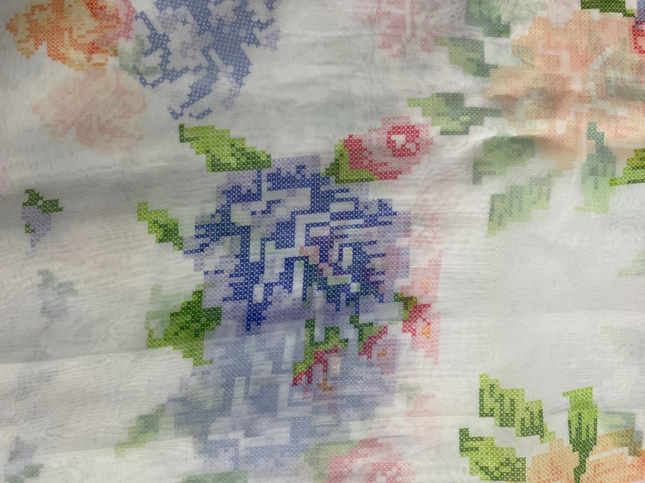 White Multicolor Abstract Viscose Organza - Kapda Shop