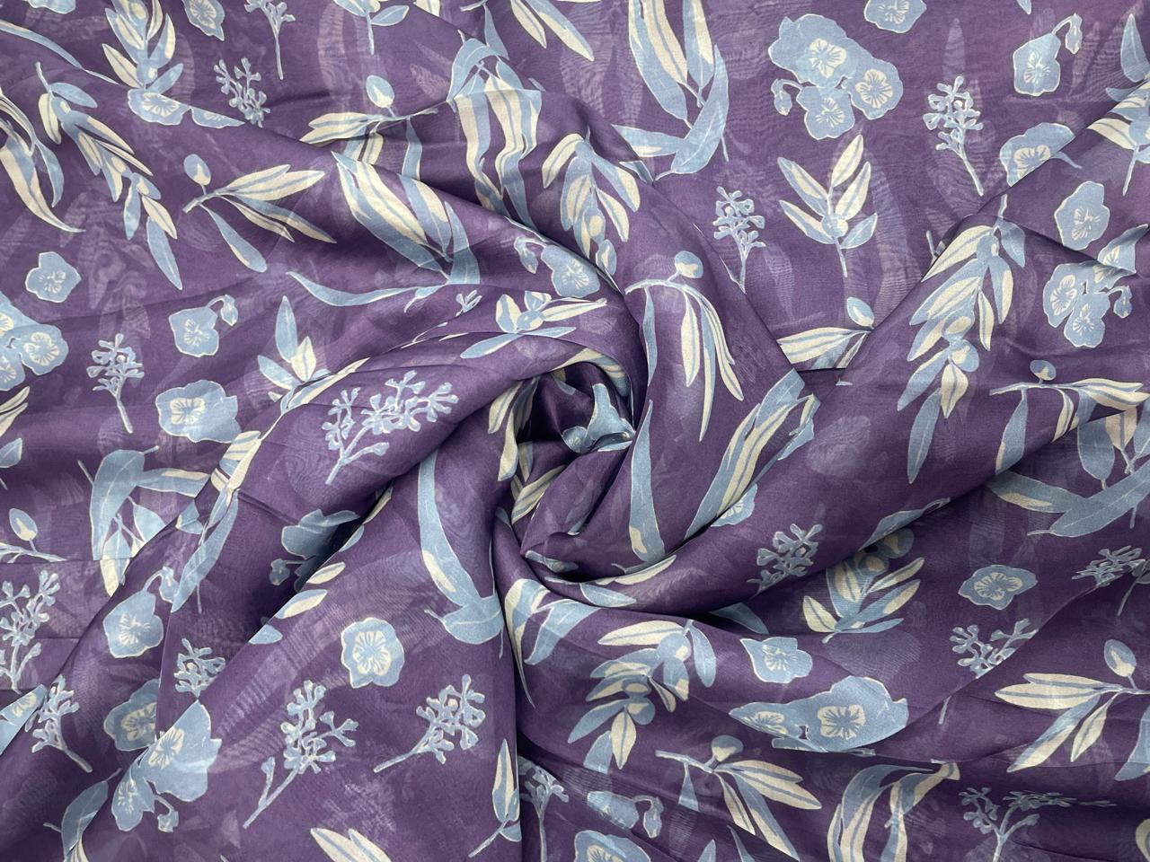 Dark Lilac Leaves Viscose Organza Fabric - Kapda Shop