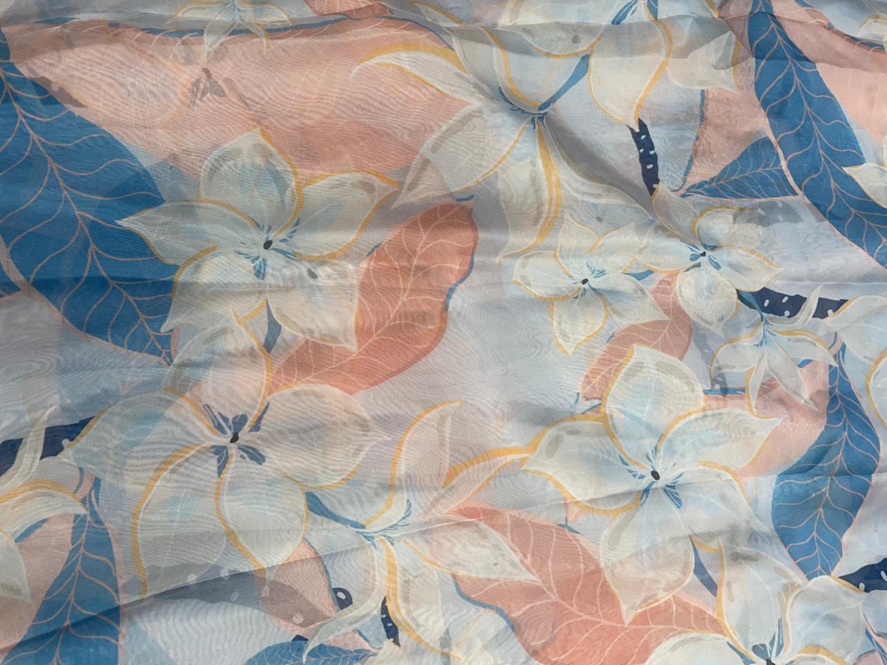 Greysblue Leaves Viscose Organza Fabric - Kapda Shop