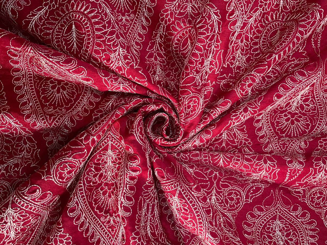 Red Floral Embroidered Pure Monga Silk Fabric Kapdashop