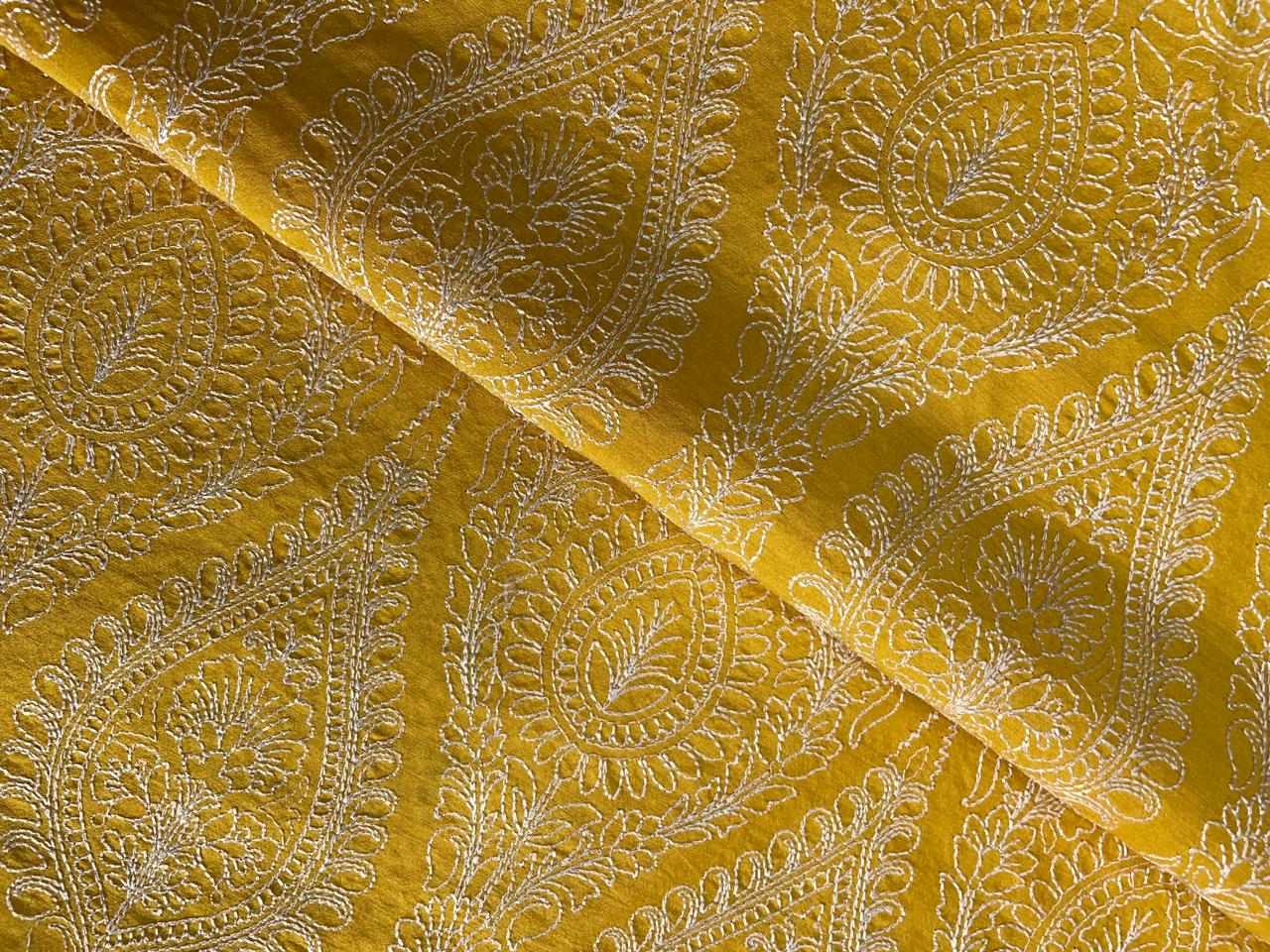 Yellow Floral Embroidered Pure Monga Silk Fabric Kapdashop