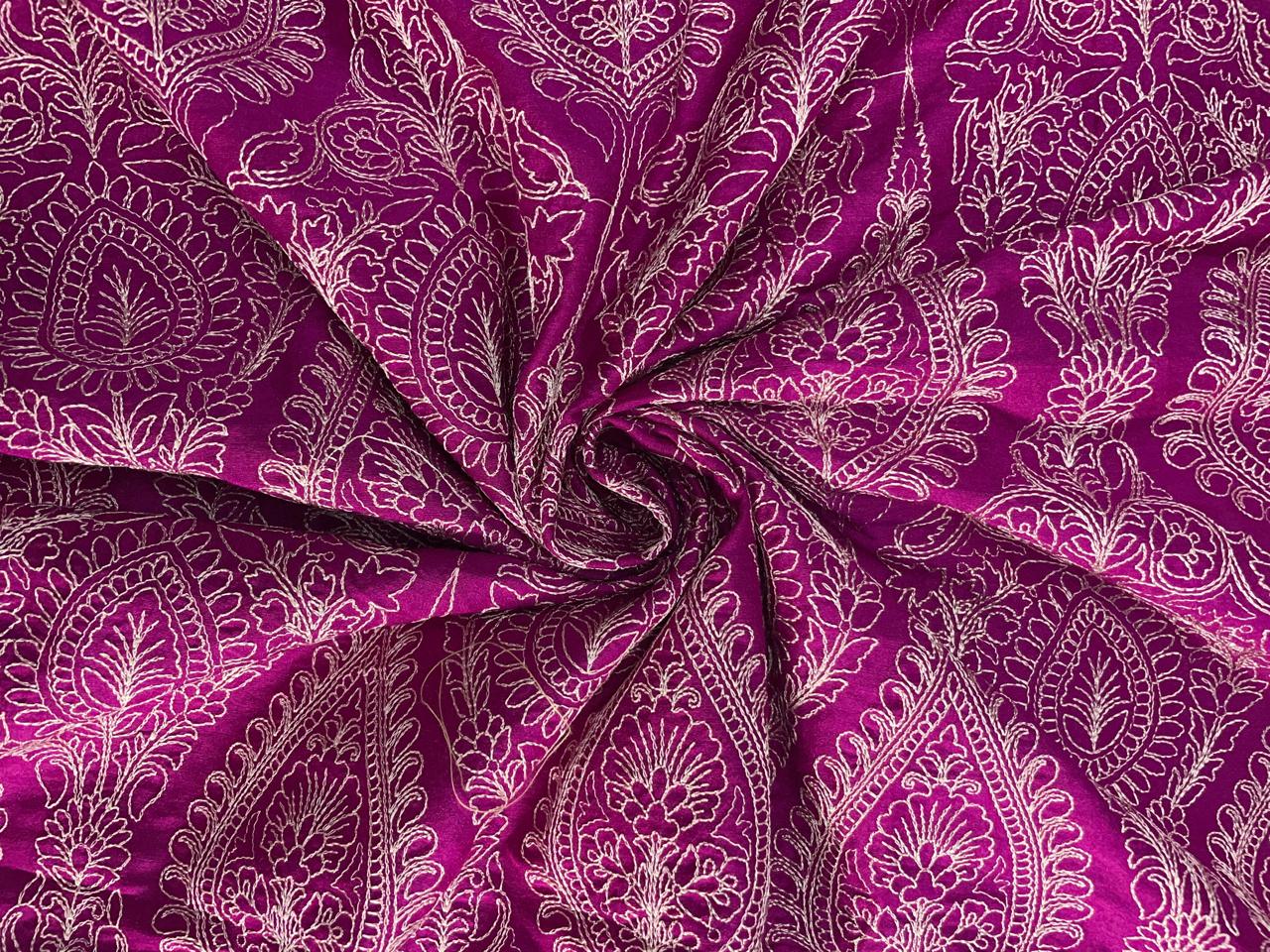 Magenta Floral Embroidered Pure Monga Silk Fabric Kapdashop