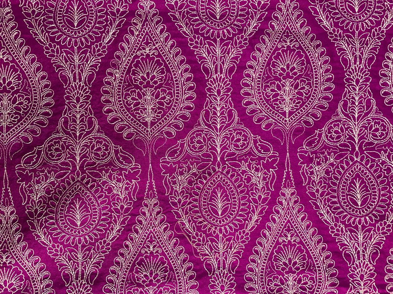 Magenta Floral Embroidered Pure Monga Silk Fabric Kapdashop