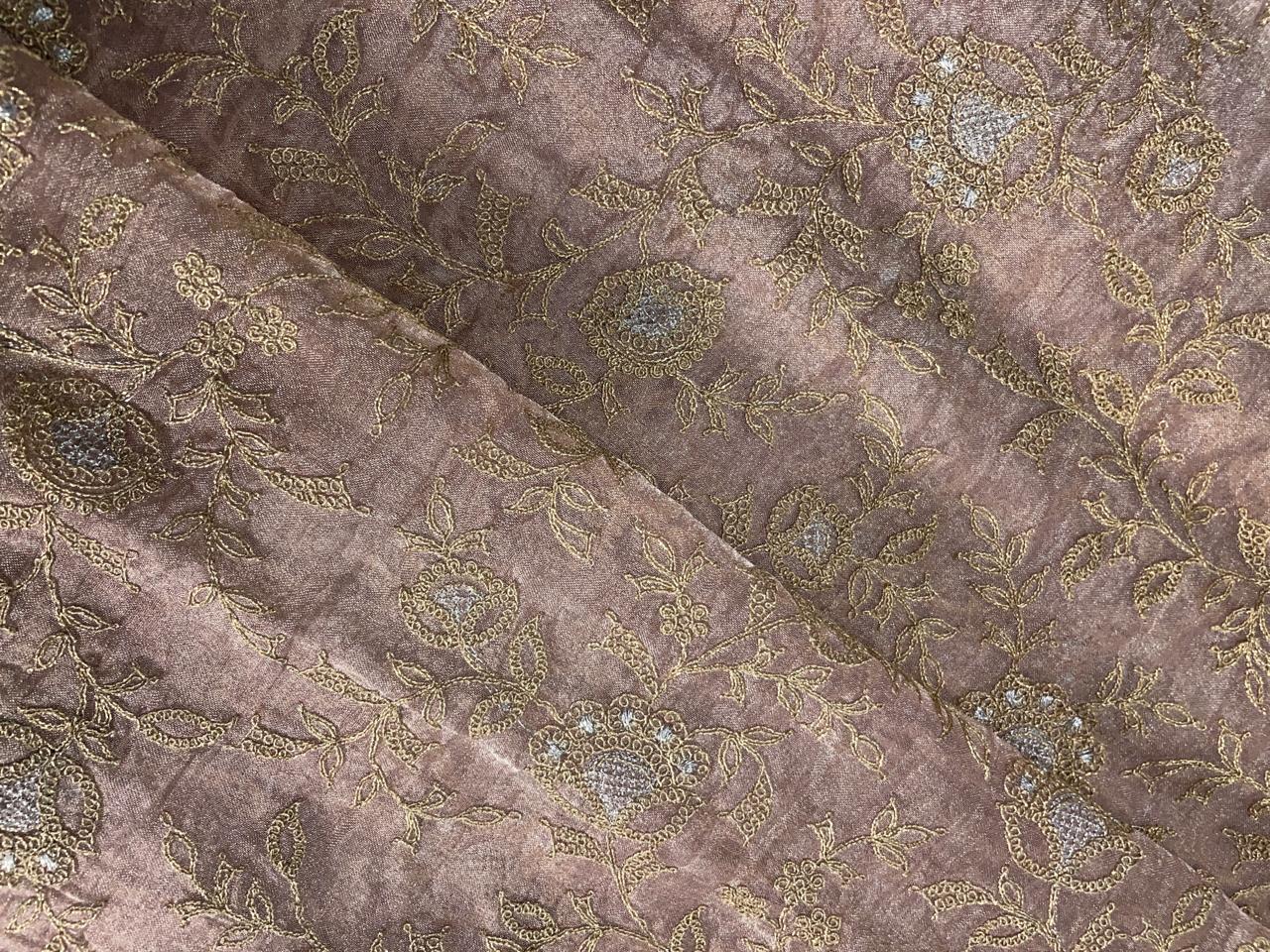Beige Gold Floral Pure Tissue Embroidered Fabric Kapdashop