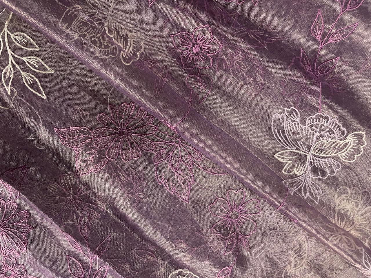 Lilac Floral Pure Tissue Embroidered Fabric Kapdashop
