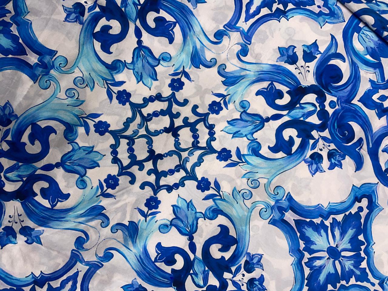 Blue & White Floral Pure Dupion Silk Fabric Kapdashop