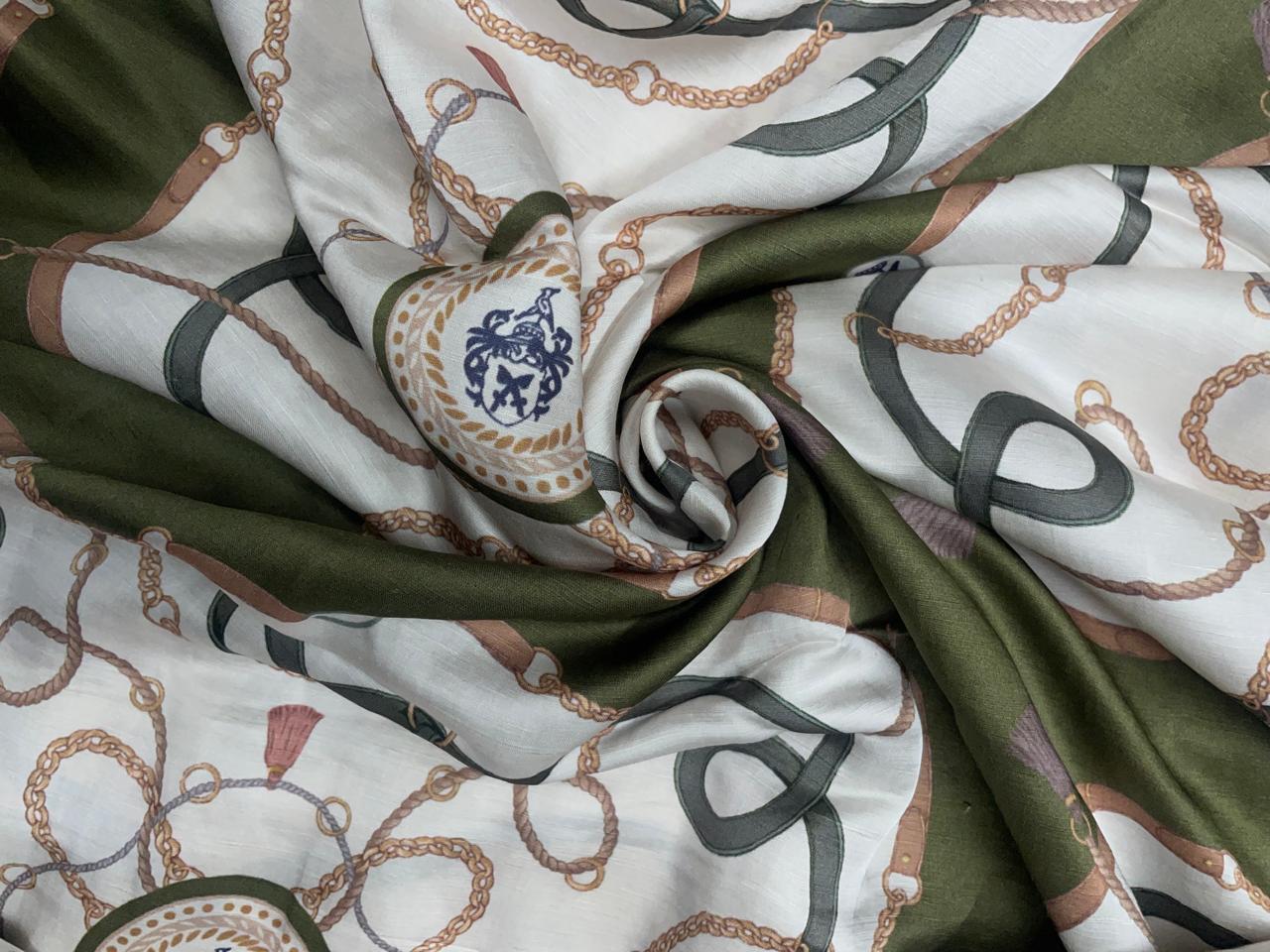 Olive Green White Abstract Linen Satin Fabric Kapdashop
