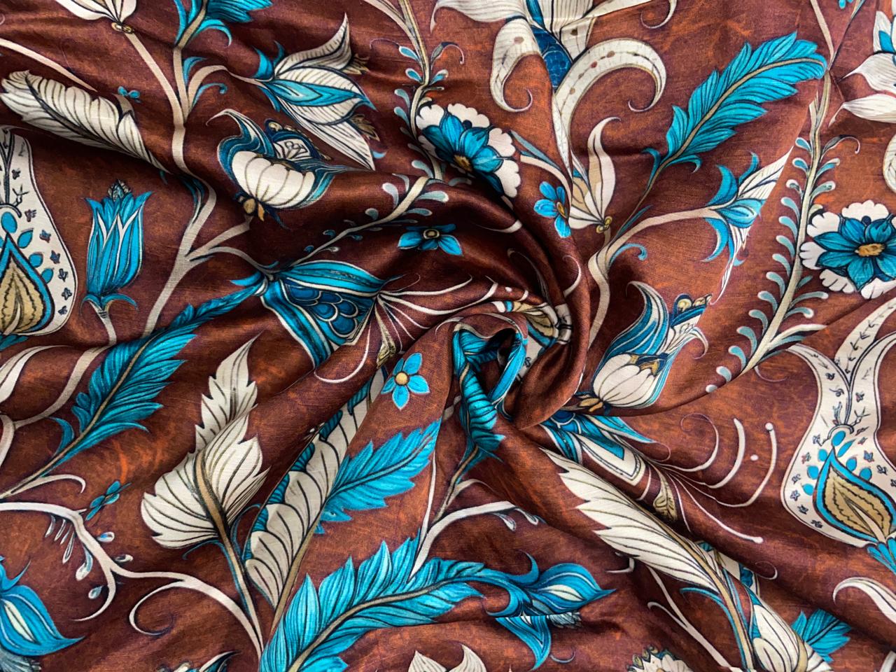 Brown Floral Linen Satin Fabric Kapdashop