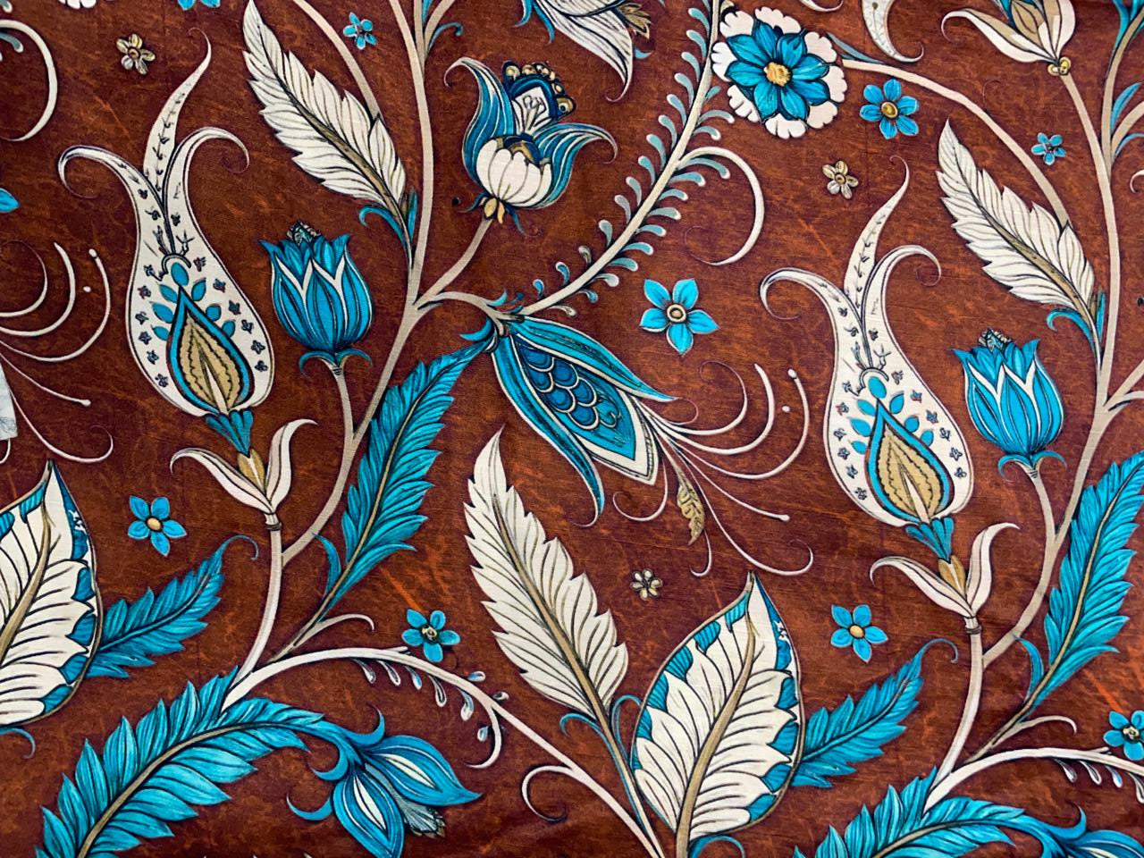 Brown Floral Linen Satin Fabric Kapdashop